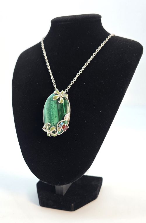 A Pendant Necklace Made from Malachite Silver and Enamel Circa 1950