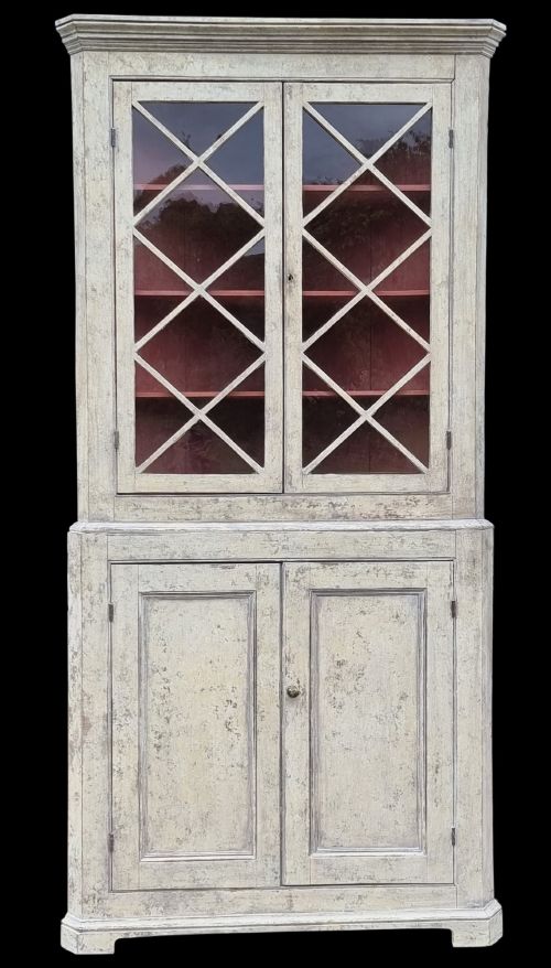 Two Part Painted Corner Cupboard Circa 1790