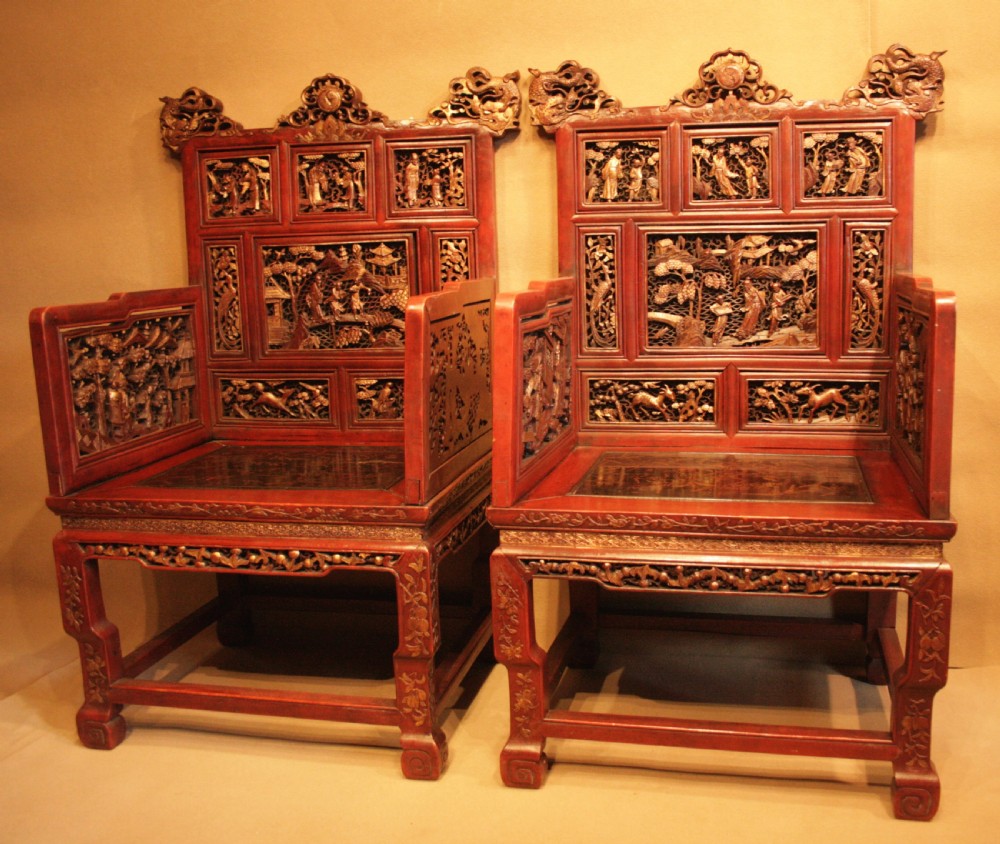A  highly decorative pair of Chinese Throne Chairs