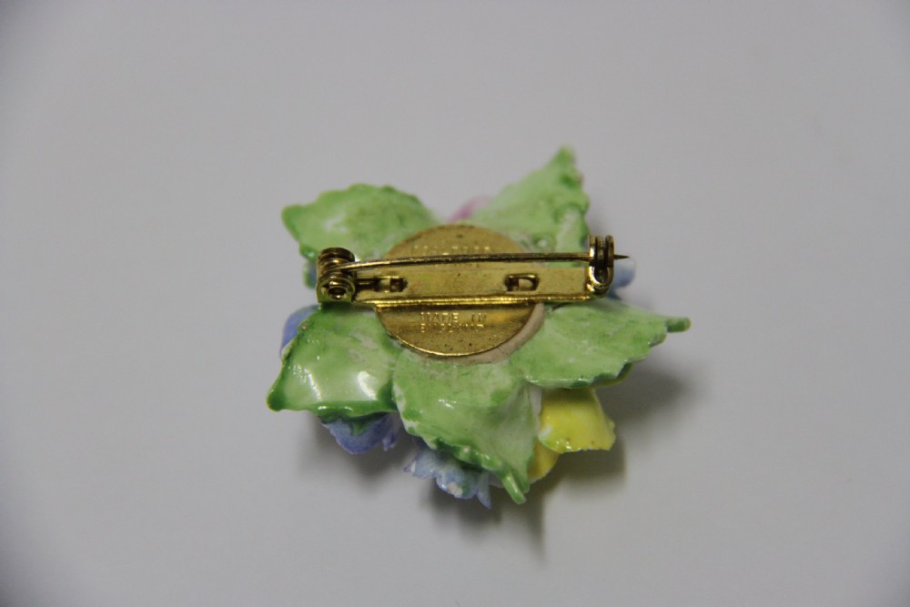 Brooch and matching ear rings made from Coalbrook china View II