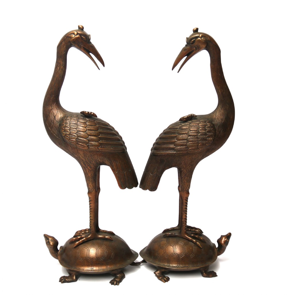 A large pair of Japanese bronze storks View II