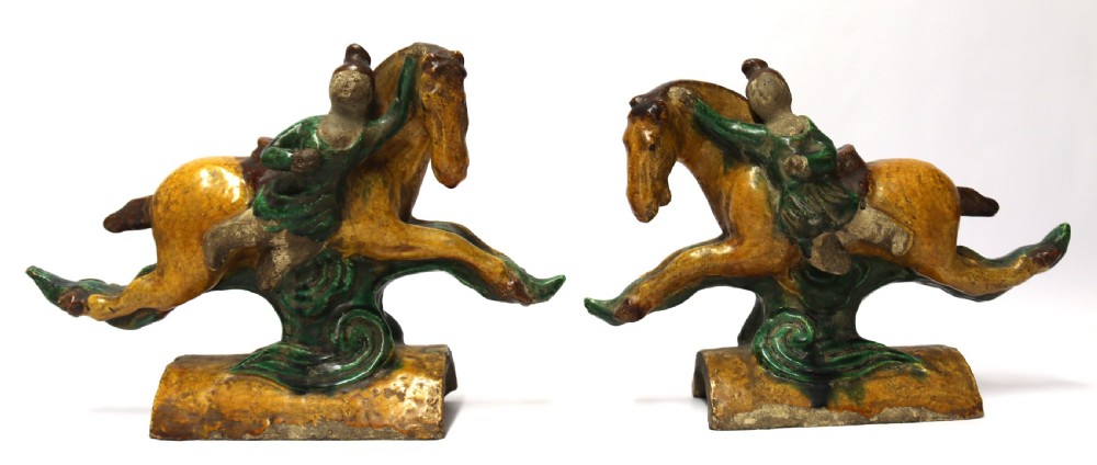 A pair of Chinese pottery ridge tiles