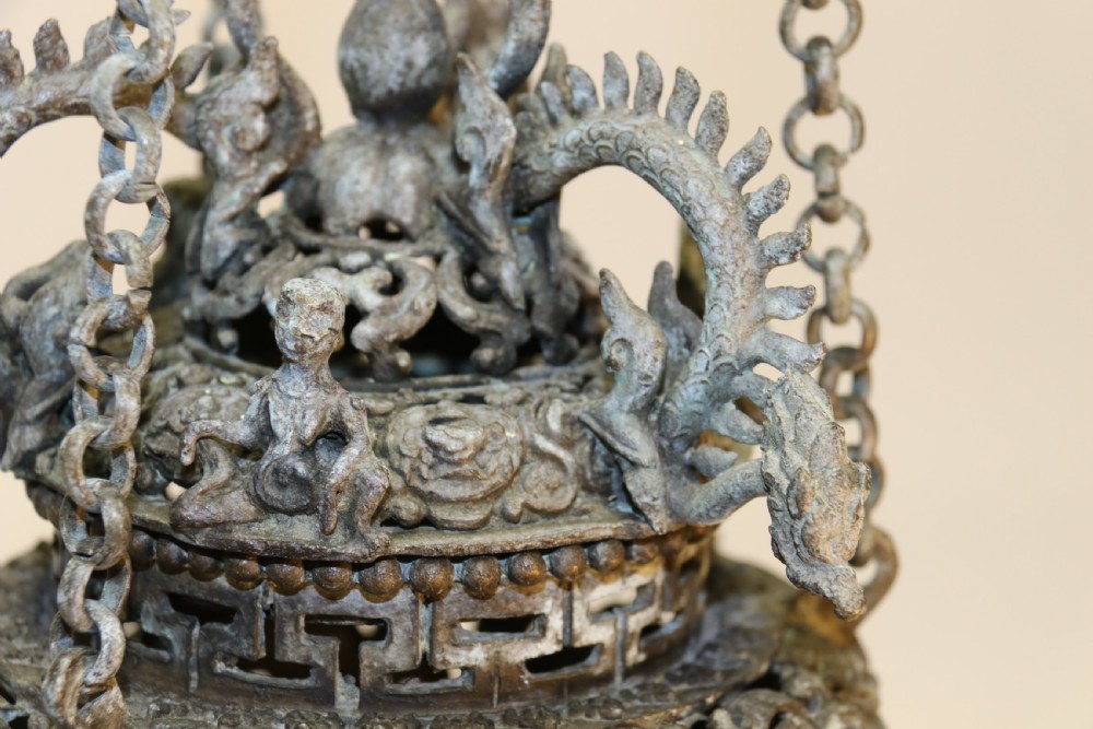 A dark patinated bronze hanging incense burner featuring dragon openwork motifs and a bird finial suspended by three link chains. View VI