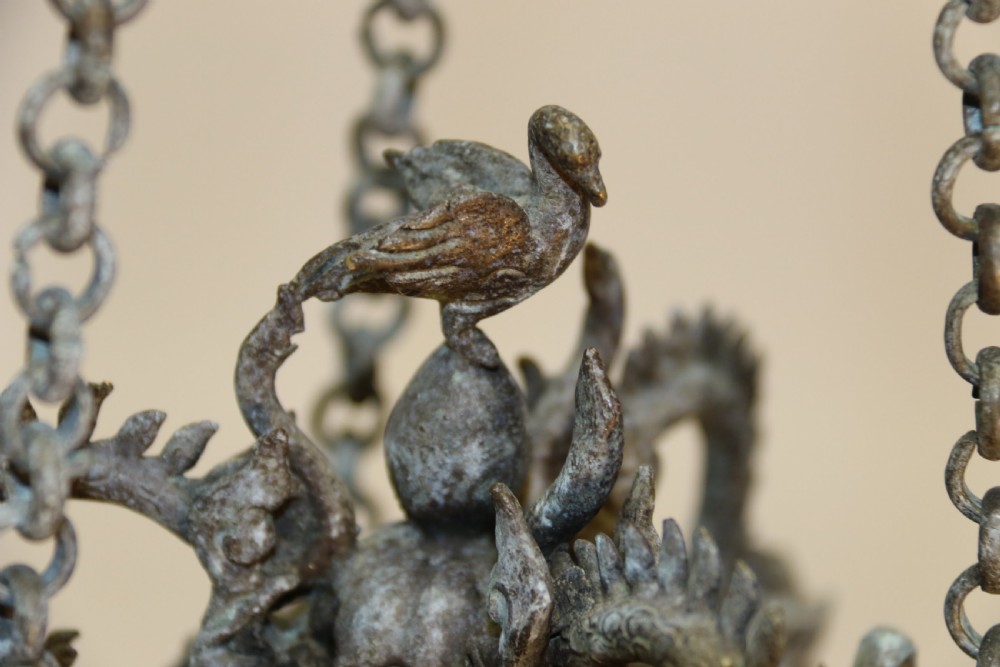 A dark patinated bronze hanging incense burner featuring dragon openwork motifs and a bird finial suspended by three link chains. View VII