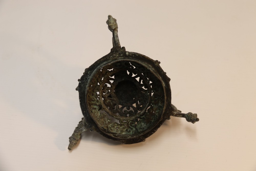 A dark patinated bronze hanging incense burner featuring dragon openwork motifs and a bird finial suspended by three link chains. View XIII