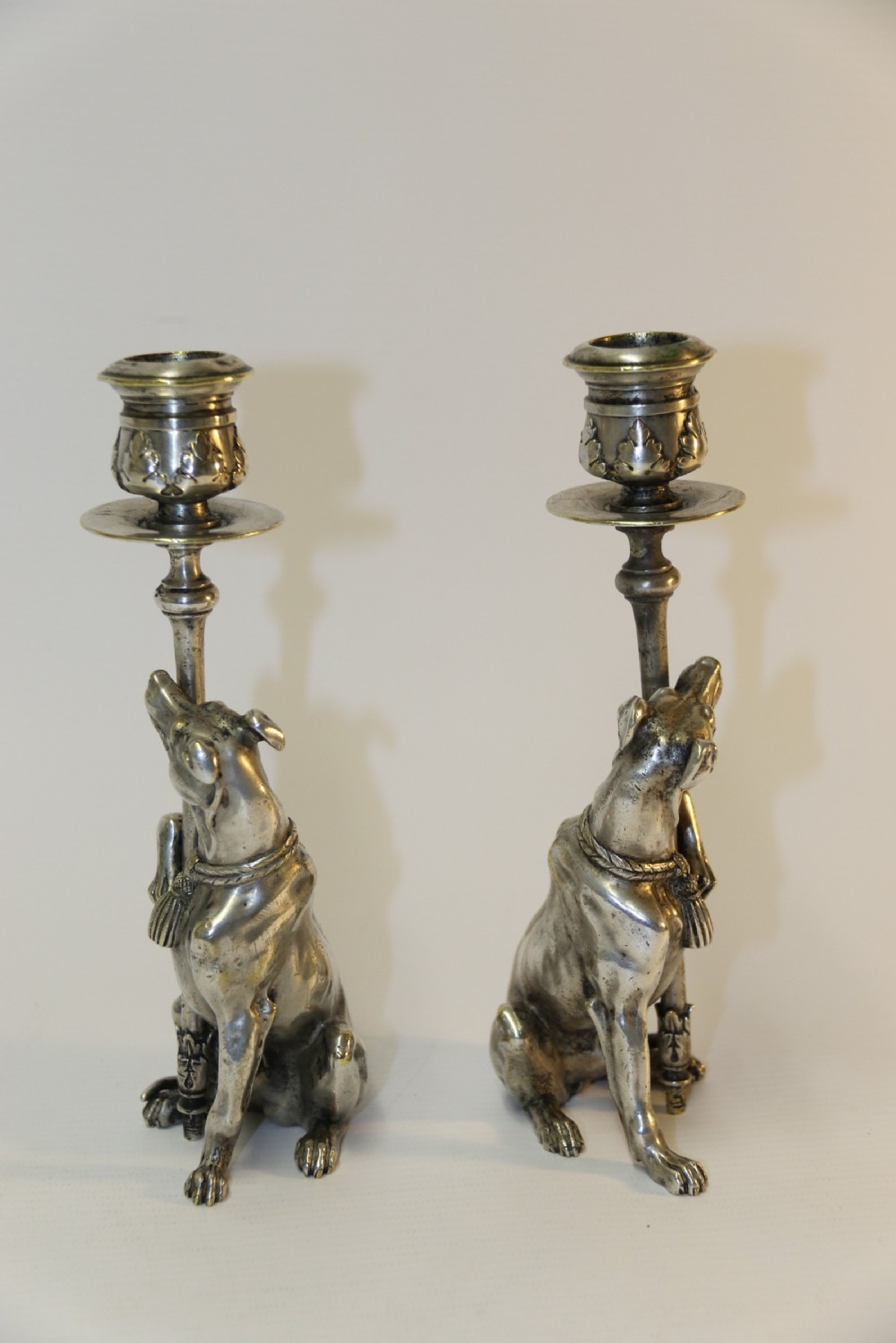 A pair of English Novelty Grey Hound Candlesticks, Silvered Bronze View IV