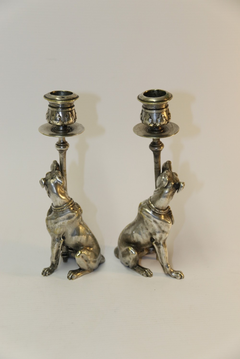 A pair of English Novelty Grey Hound Candlesticks, Silvered Bronze View V