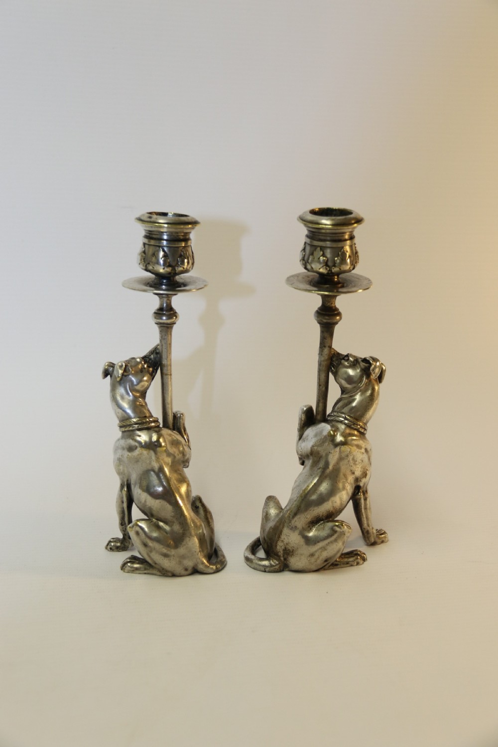 A pair of English Novelty Grey Hound Candlesticks, Silvered Bronze View VI