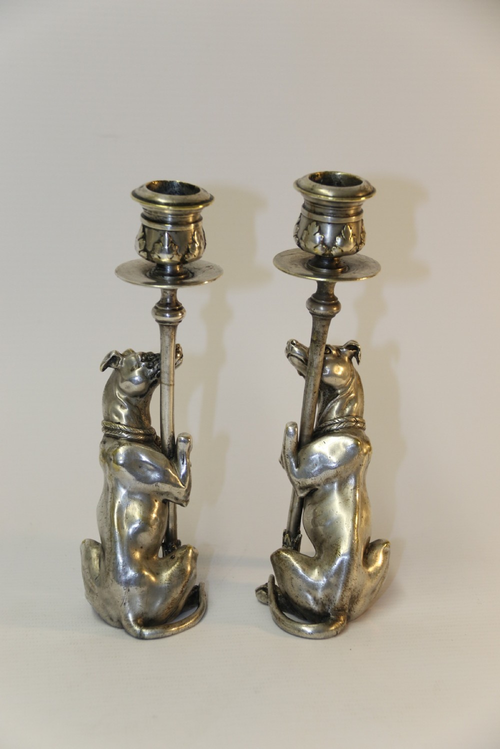 A pair of English Novelty Grey Hound Candlesticks, Silvered Bronze View VII