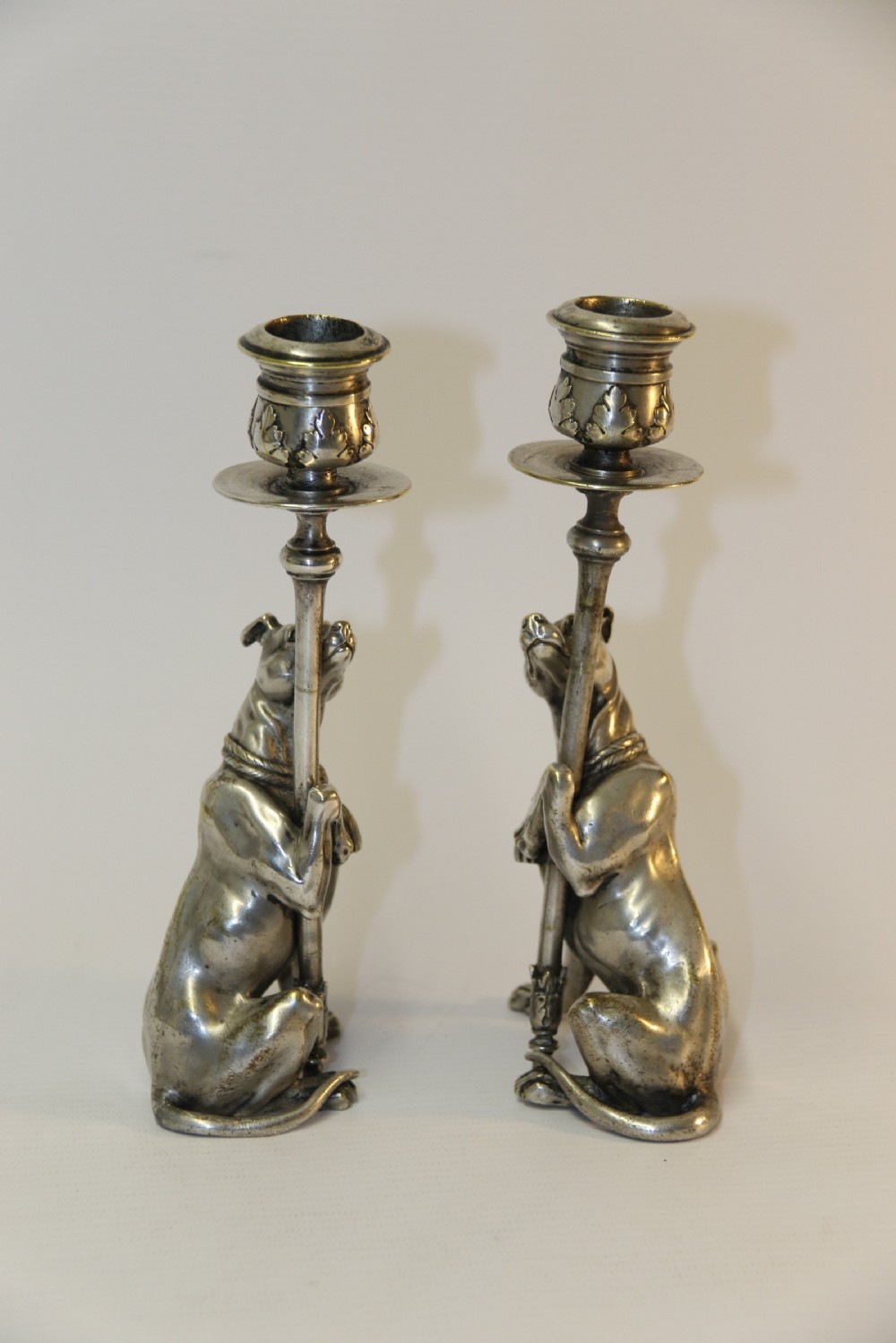 A pair of English Novelty Grey Hound Candlesticks, Silvered Bronze View VIII