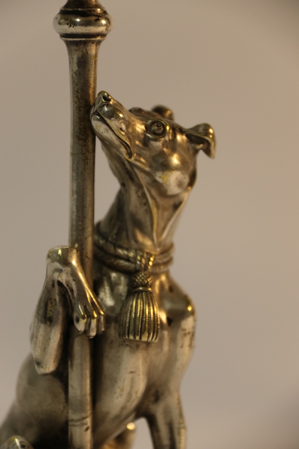 A pair of English Novelty Grey Hound Candlesticks, Silvered Bronze View X