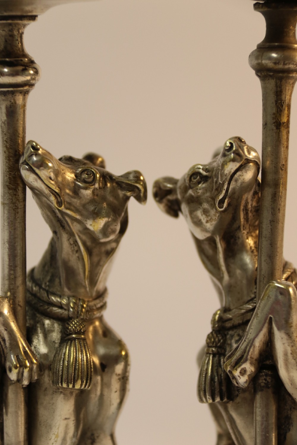 A pair of English Novelty Grey Hound Candlesticks, Silvered Bronze View XI