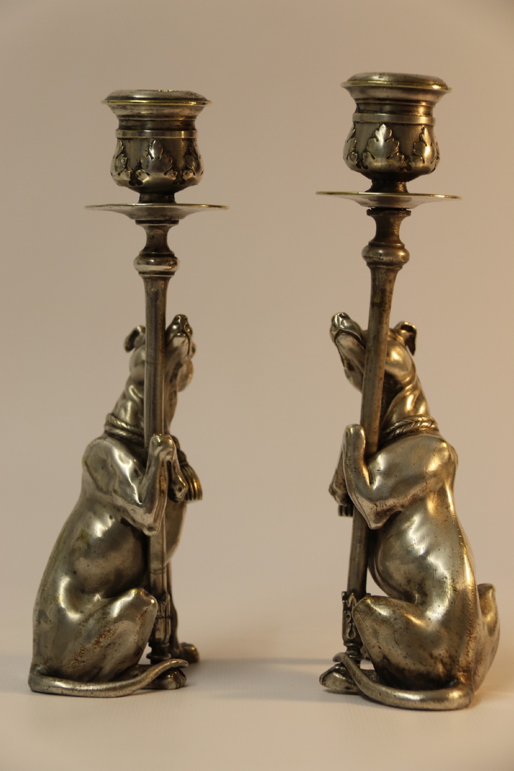 A pair of English Novelty Grey Hound Candlesticks, Silvered Bronze View XII
