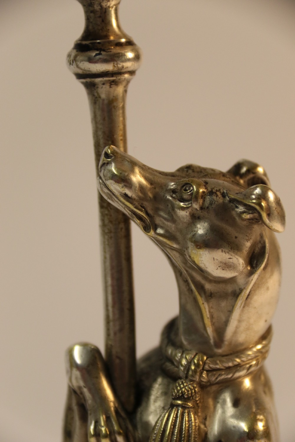 A pair of English Novelty Grey Hound Candlesticks, Silvered Bronze View XV