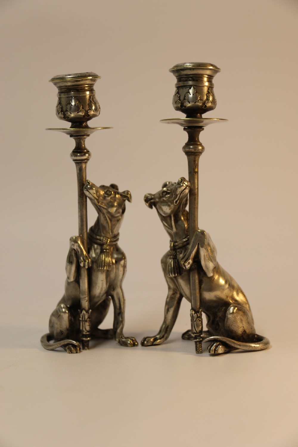 A pair of English Novelty Grey Hound Candlesticks, Silvered Bronze View XVII