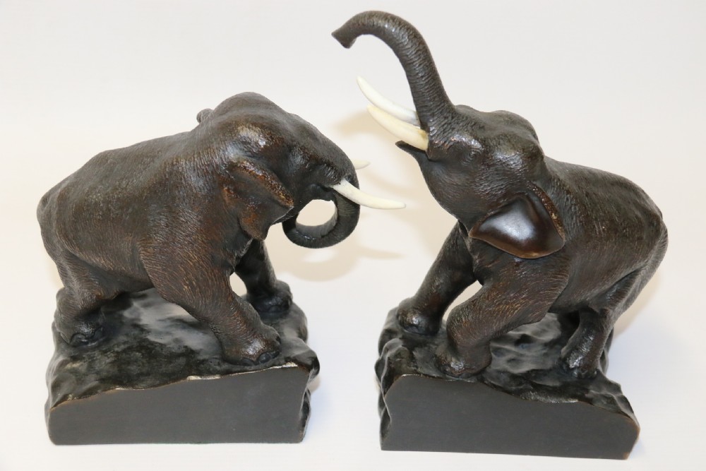 A pair of Japanese bronze elephant bookends Meiji Period, signed. View III