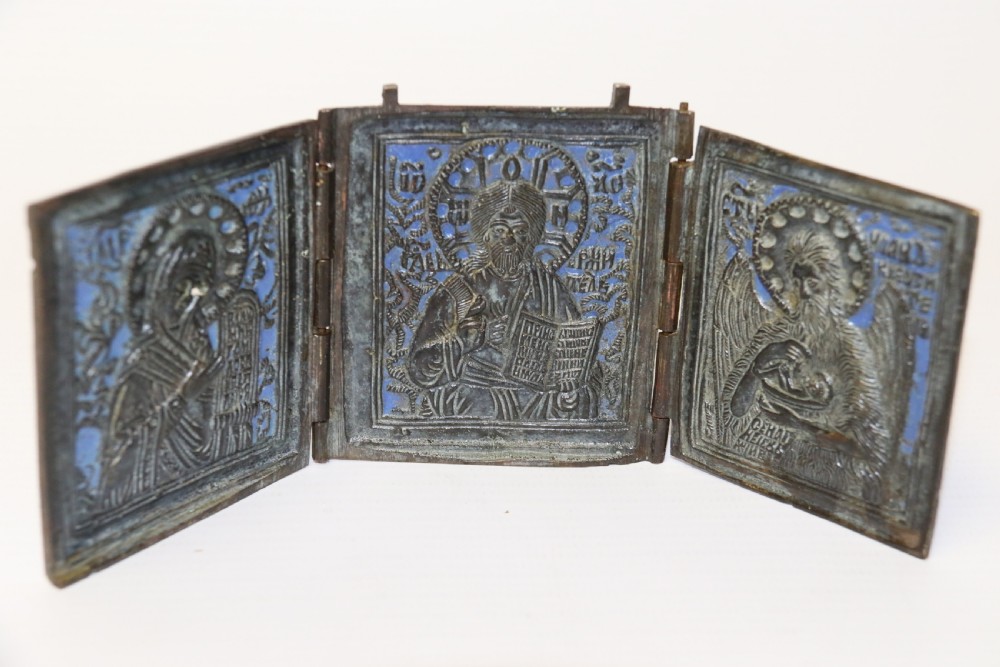 A 19th century Russian folding bronze and enamel icon View II