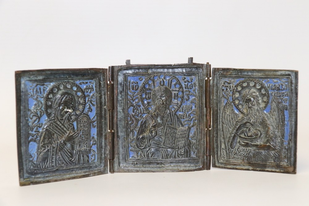 A 19th century Russian folding bronze and enamel icon View III