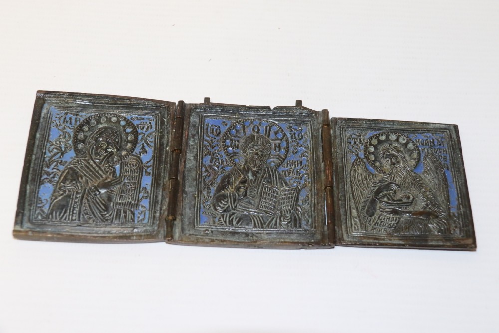 A 19th century Russian folding bronze and enamel icon View X