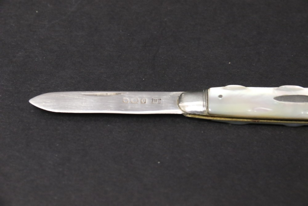 A George V sterling silver folding fruit knife featuring a hallmarked blade and a shaped mother of pearl handle with brass lining. View II