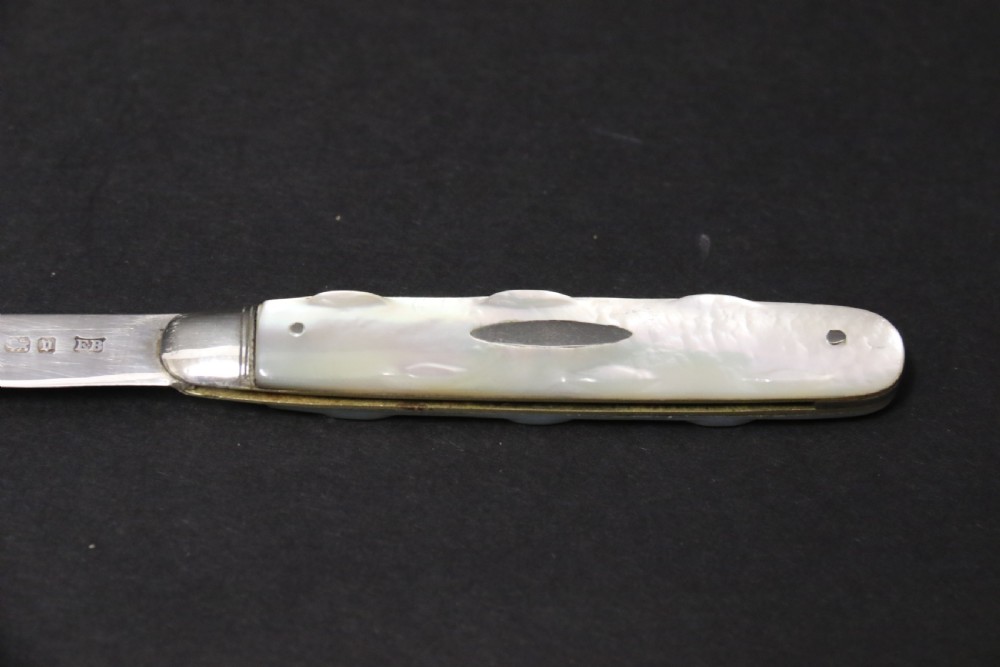 A George V sterling silver folding fruit knife featuring a hallmarked blade and a shaped mother of pearl handle with brass lining. View III