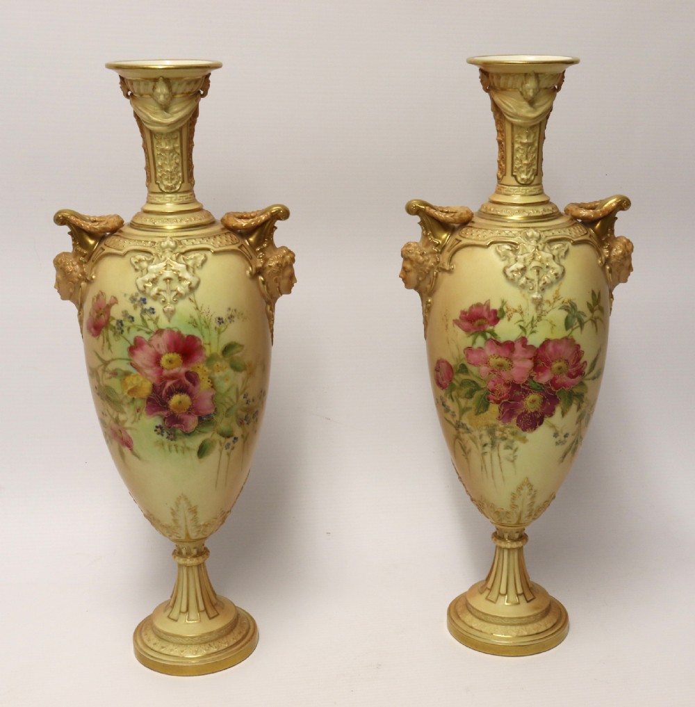 A Large pair of Antique Royal Worcester Hand Painted Blush Ivory Pedestal Vases.