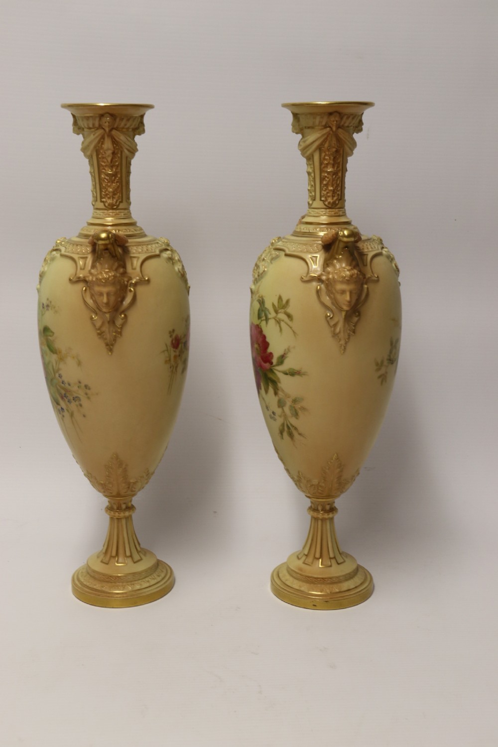 A Large pair of Antique Royal Worcester Hand Painted Blush Ivory Pedestal Vases. View II
