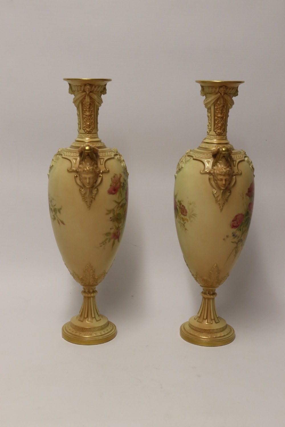 A Large pair of Antique Royal Worcester Hand Painted Blush Ivory Pedestal Vases. View IV