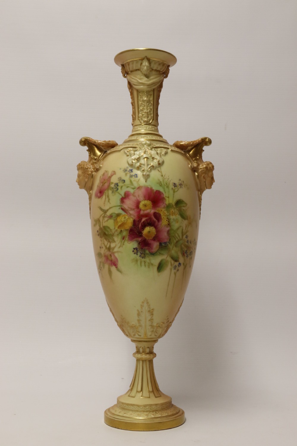 A Large pair of Antique Royal Worcester Hand Painted Blush Ivory Pedestal Vases. View V