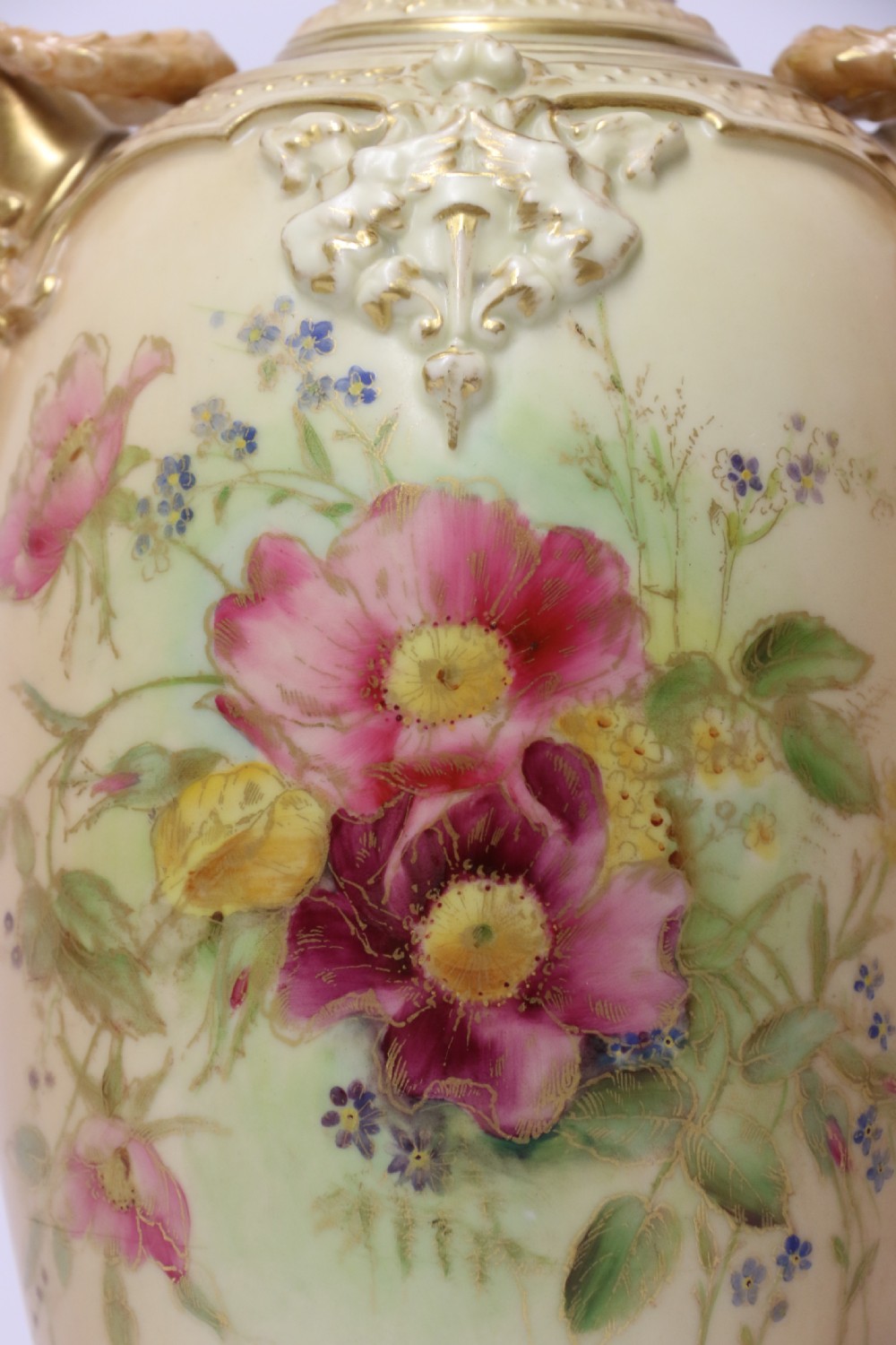 A Large pair of Antique Royal Worcester Hand Painted Blush Ivory Pedestal Vases. View VI