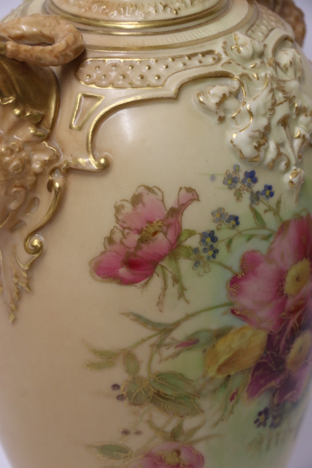 A Large pair of Antique Royal Worcester Hand Painted Blush Ivory Pedestal Vases. View VII