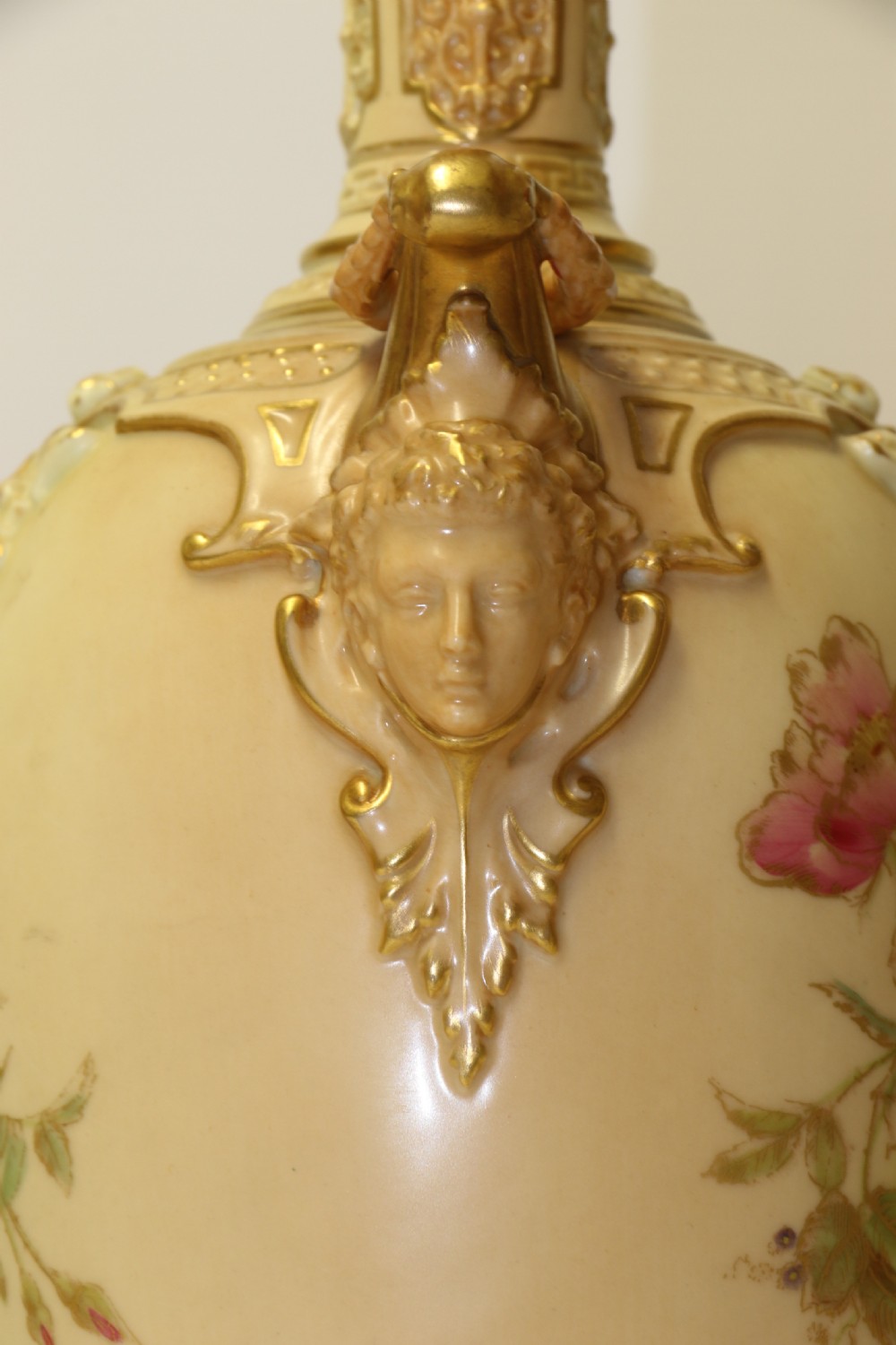 A Large pair of Antique Royal Worcester Hand Painted Blush Ivory Pedestal Vases. View VIII