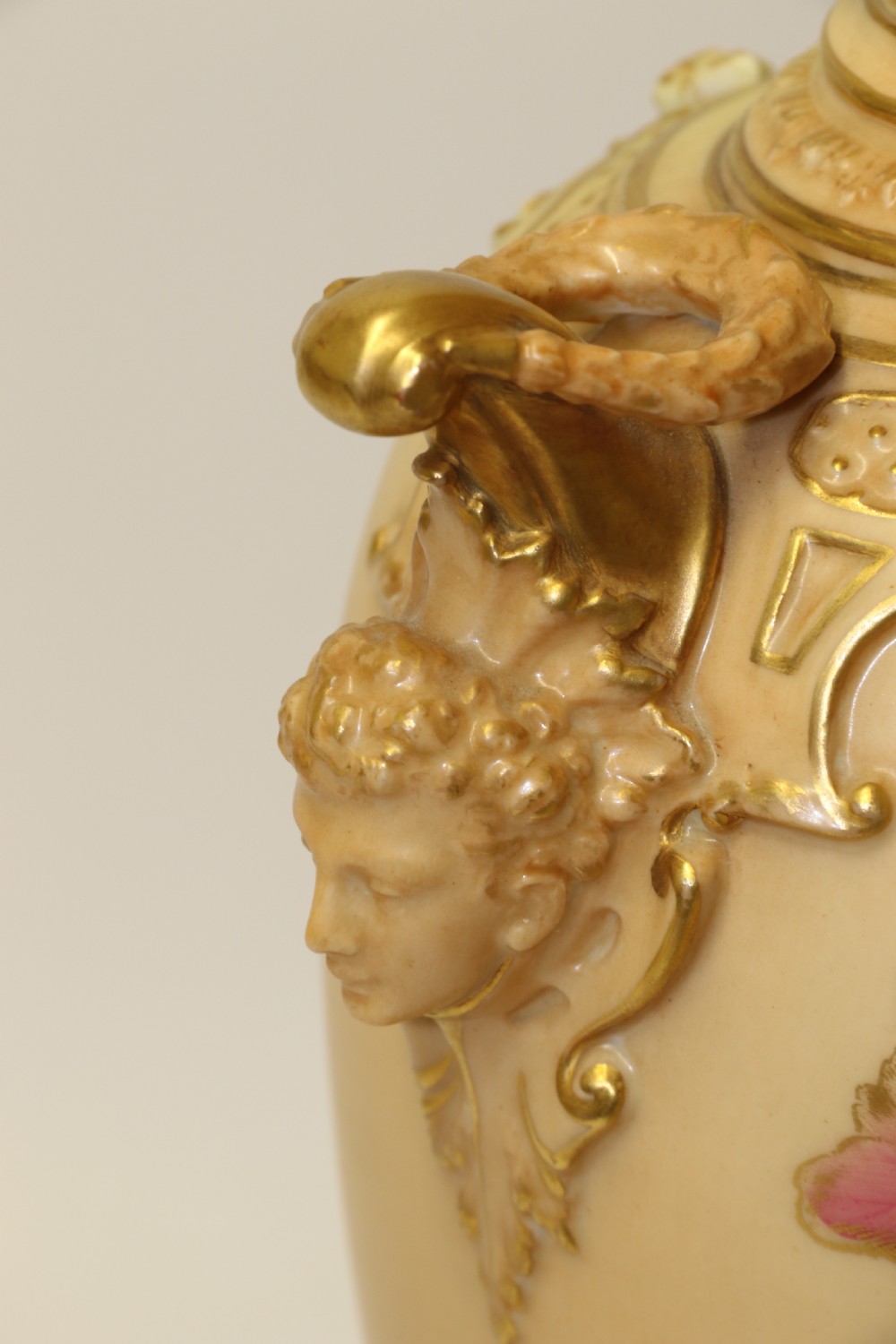A Large pair of Antique Royal Worcester Hand Painted Blush Ivory Pedestal Vases. View XI