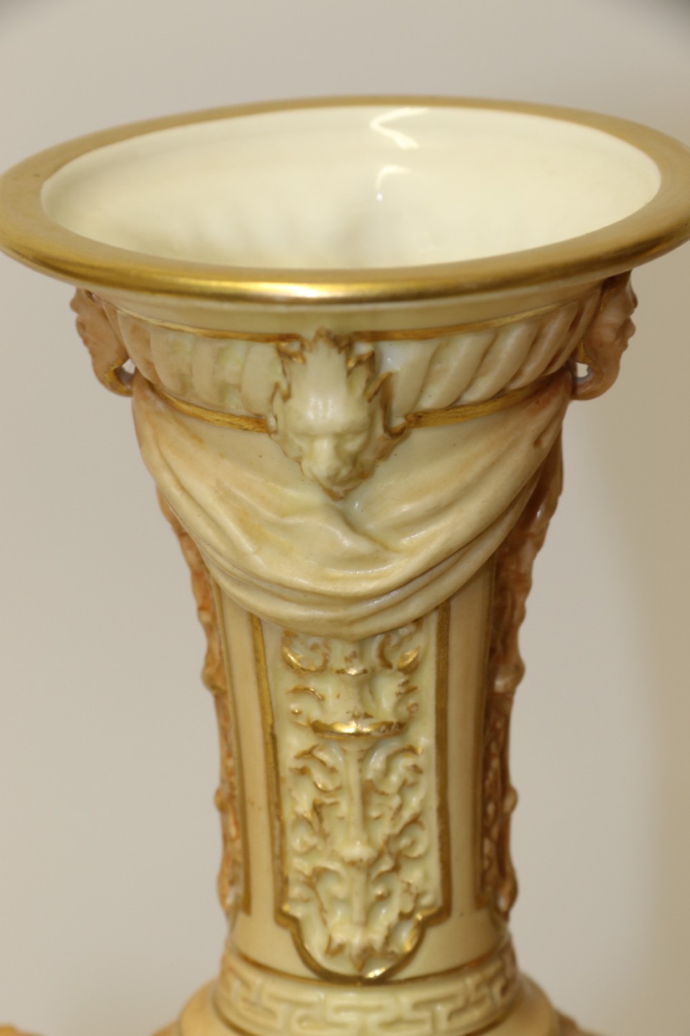 A Large pair of Antique Royal Worcester Hand Painted Blush Ivory Pedestal Vases. View XII