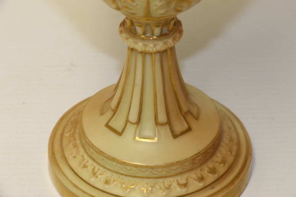 A Large pair of Antique Royal Worcester Hand Painted Blush Ivory Pedestal Vases. View XIV