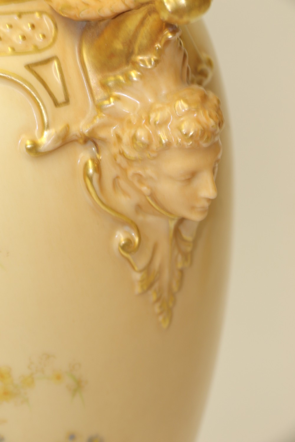 A Large pair of Antique Royal Worcester Hand Painted Blush Ivory Pedestal Vases. View XV