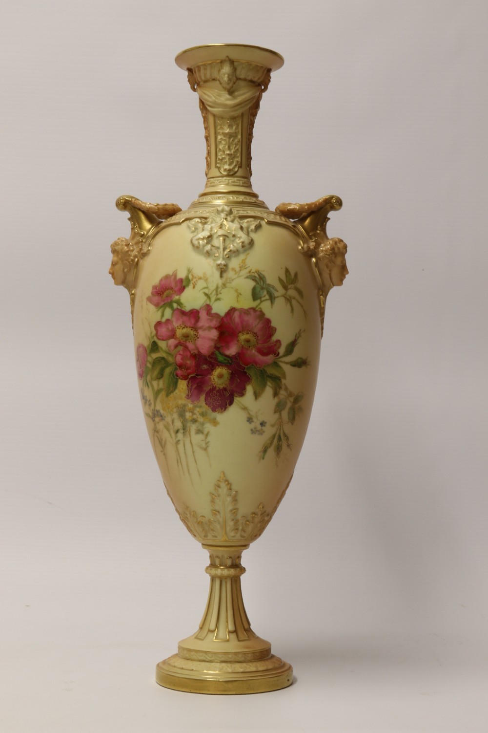 A Large pair of Antique Royal Worcester Hand Painted Blush Ivory Pedestal Vases. View XIX
