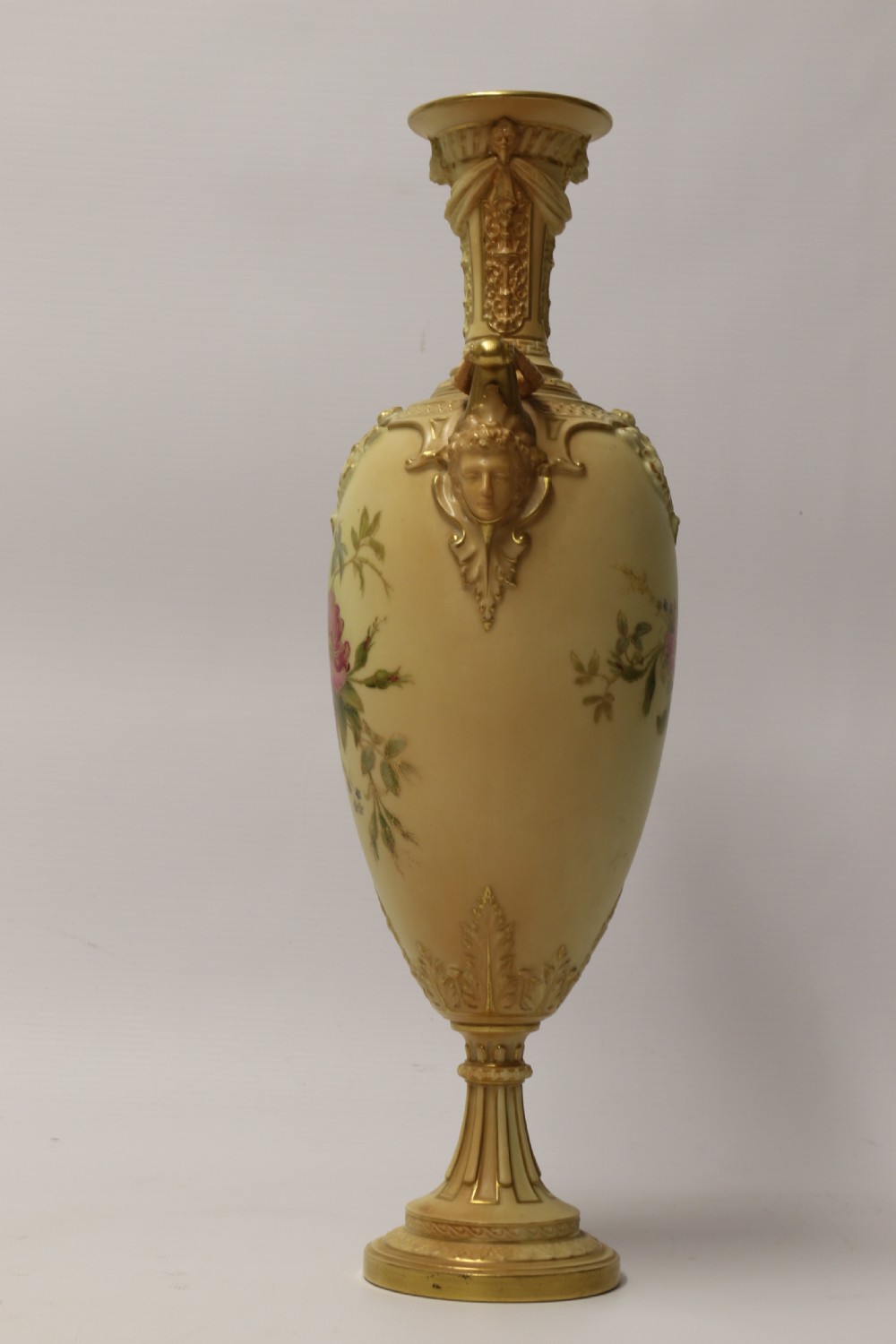 A Large pair of Antique Royal Worcester Hand Painted Blush Ivory Pedestal Vases. View XX