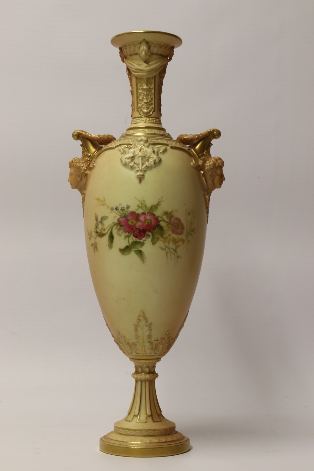 A Large pair of Antique Royal Worcester Hand Painted Blush Ivory Pedestal Vases. View XXI