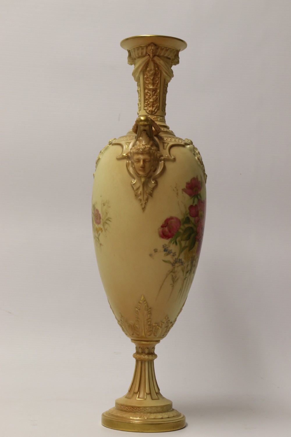 A Large pair of Antique Royal Worcester Hand Painted Blush Ivory Pedestal Vases. View XXII
