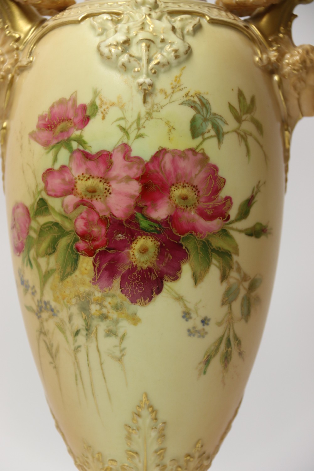 A Large pair of Antique Royal Worcester Hand Painted Blush Ivory Pedestal Vases. View XXIII