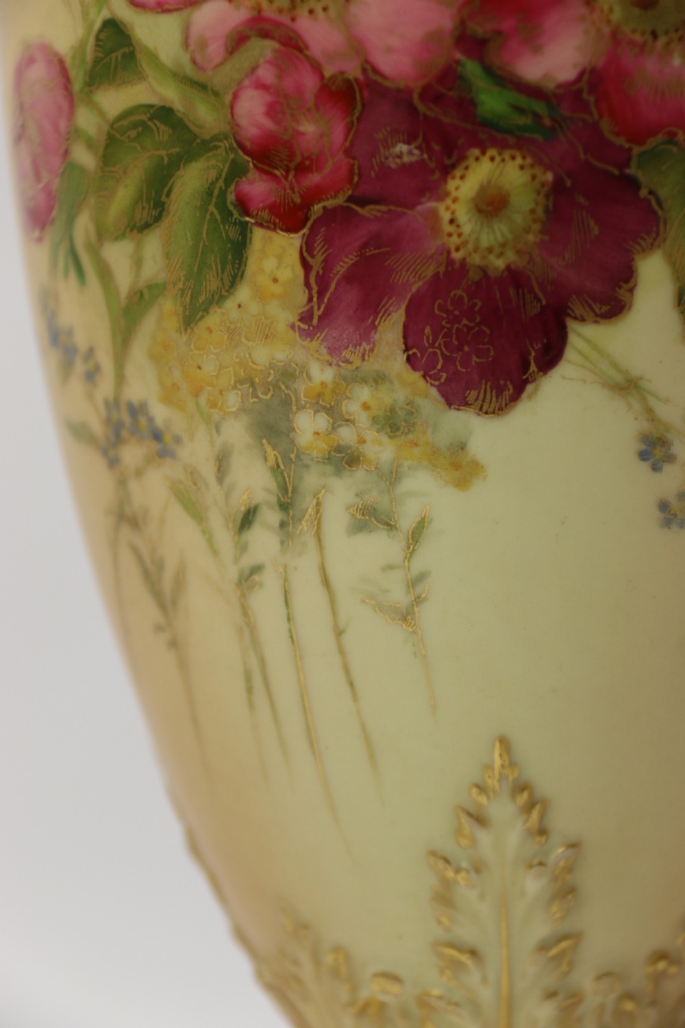 A Large pair of Antique Royal Worcester Hand Painted Blush Ivory Pedestal Vases. View XXIV