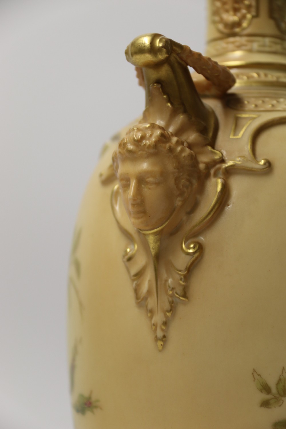 A Large pair of Antique Royal Worcester Hand Painted Blush Ivory Pedestal Vases. View XXV