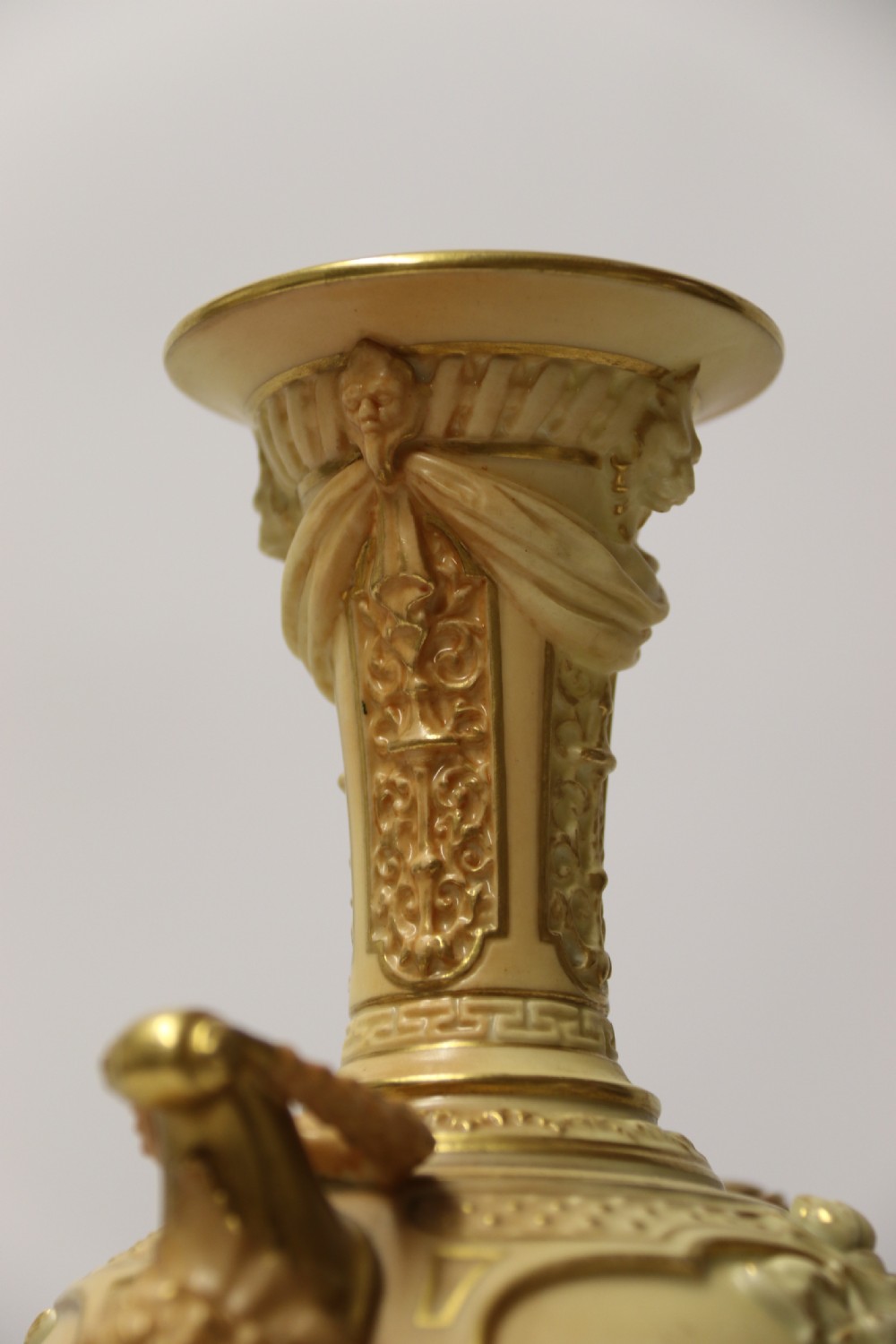 A Large pair of Antique Royal Worcester Hand Painted Blush Ivory Pedestal Vases. View XXVI