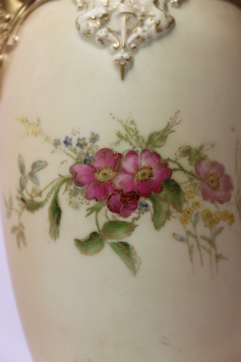 A Large pair of Antique Royal Worcester Hand Painted Blush Ivory Pedestal Vases. View XXVII