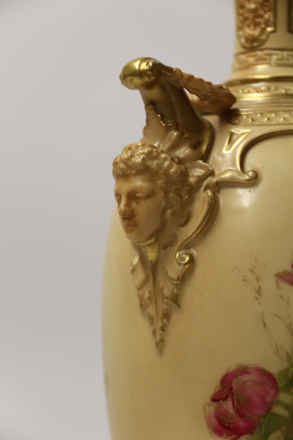 A Large pair of Antique Royal Worcester Hand Painted Blush Ivory Pedestal Vases. View XXVIII