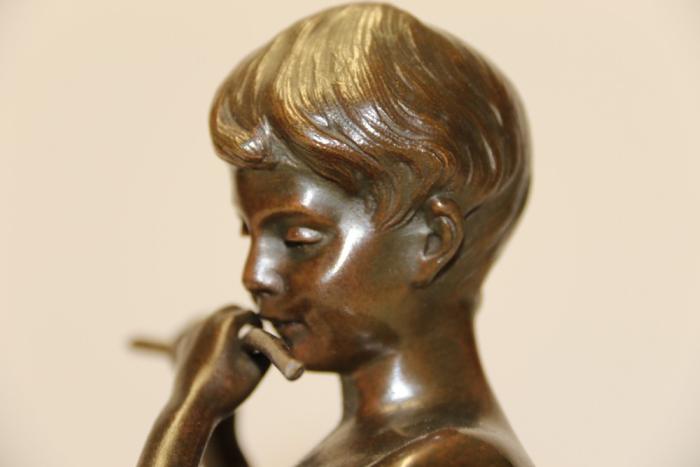 A Fine Bronze Study of a Boy Playing a Flute by Attiwo Fagioli View VIII
