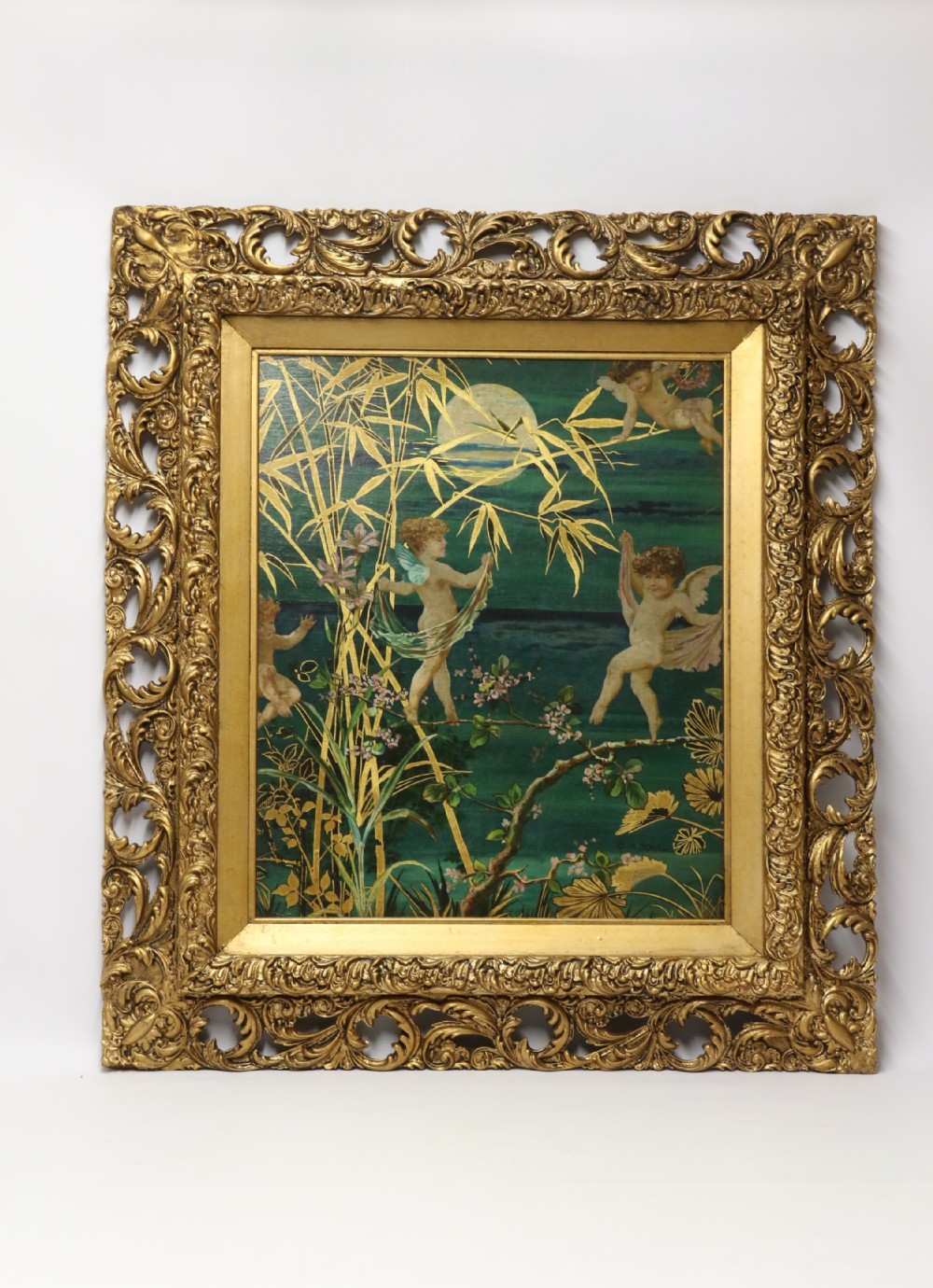 A late Victorian Oil Painting of a group of fairies in the moon light.