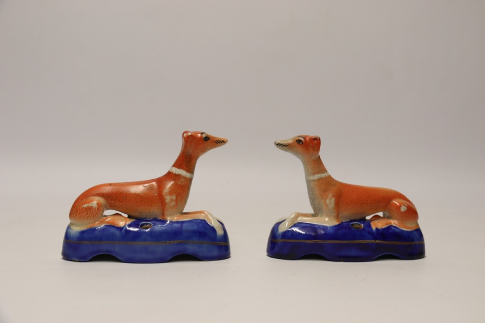 A pair of English Staffordshire Pottery Grey Hound Dogs. Mid 19th C View II