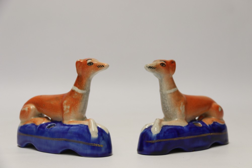 A pair of English Staffordshire Pottery Grey Hound Dogs. Mid 19th C View III